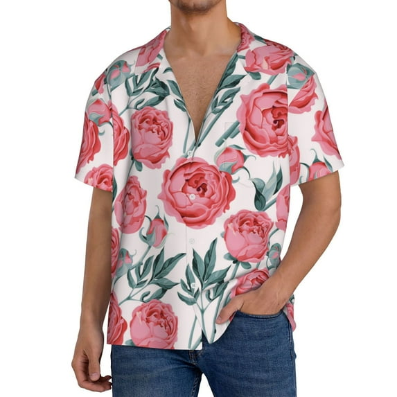 Sikiie Rose Flowers Men's Wrinkle Free Untucked Cuban Shirt Business Casual Button Down Shirts Short Sleeve ShirtX-Large