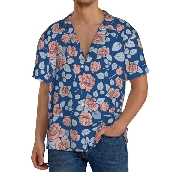 Sikiie Rose Flowers Men's Wrinkle Free Untucked Cuban Shirt Business Casual Button Down Shirts Short Sleeve ShirtXX-Large