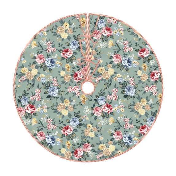 Sikiie Rose Flowers Nativity Christmas Tree Skirt, Jesus Christian Winter Holiday Tree Mat Decoration(30-48IN)48"