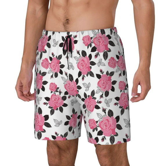 Sikiie Rose Flowers Print Men's Double Layer Swimming Trunks, Adjustable Waistband and Pockets Sports Swimming Trunks, Beach Swimwear-Medium