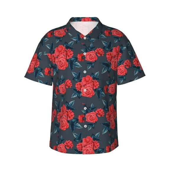 Sikiie Rose Flowers Print Men's Hawaiian Shirt, Summer Beach Button Pocket Short Sleeve T-Shirt,3X-Large