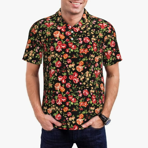 Sikiie Rose Flowers Print Men's Short-sleeved POLO Shirts, Button-down Shirts and T-shirts are Suitable for Vacation, Leisure and Business-3X-Large