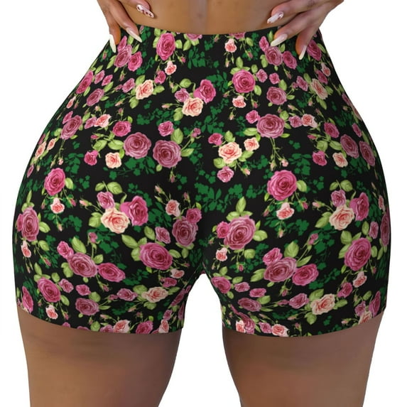 Sikiie Rose Flowers Print Workout Shorts Women Scrunch Butt Gym Shorts Seamless High Waist Tummy Control Yoga Biker Athletic Shorts