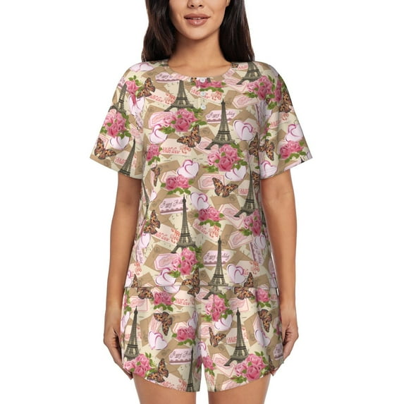 Sikiie Rose Flowers Womens Pajama Sets Short Sleeve Top With Pants Sleepwear 2 Piece Lounge Set4X-Large