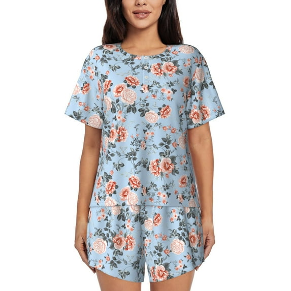 Sikiie Rose Flowers Womens Pajama Sets Short Sleeve Top With Pants Sleepwear 2 Piece Lounge SetXX-Large