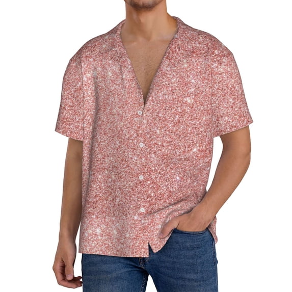 Sikiie Rose Gold Pink Glitter Men's Wrinkle Free Untucked Cuban Shirt Business Casual Button Down Shirts Short Sleeve ShirtLarge