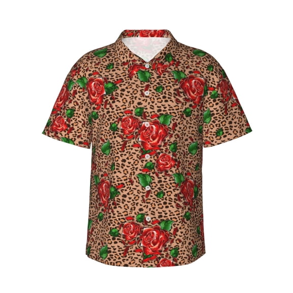 Sikiie Rose Mix Leopard 1 Print Men's Hawaiian Shirt, Summer Beach Button Pocket Short Sleeve T-Shirt,XX-Large