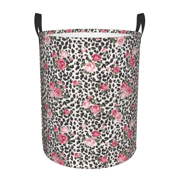 Sikiie Rose Mix Leopard 3 Print Round Dirty Clothes Basket, Waterproof Standing Foldable Storage Basket, for Laundry Room, Bedroom, Bathroom Storage-Small