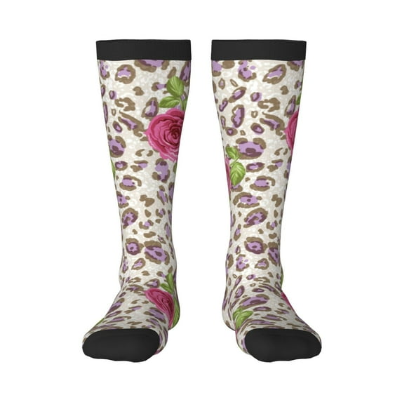 Sikiie Rose Mix Leopard 4 Knee Socks, High Socks Long Stretchy Sock Women Knee High Stocking, Long Socks for Women