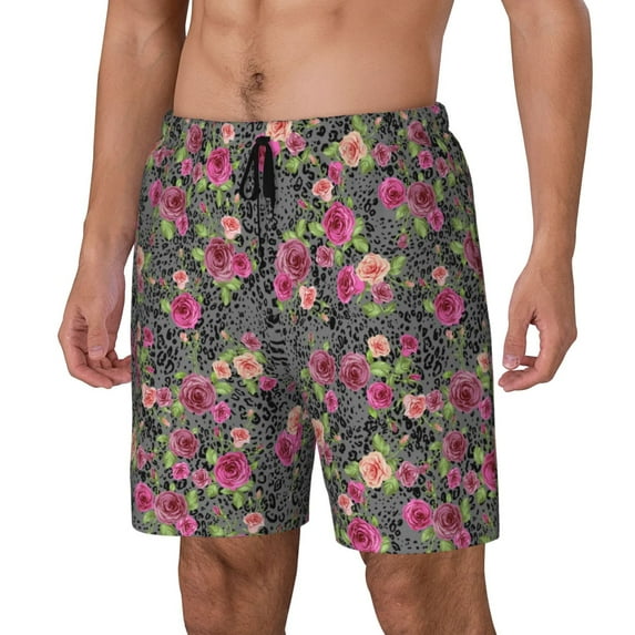 Sikiie Rose Mix Leopard Print Men's Double Layer Swimming Trunks, Adjustable Waistband and Pockets Sports Swimming Trunks, Beach Swimwear-Medium