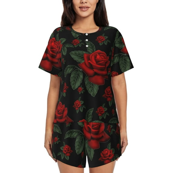 Sikiie Roses Womens Pajama Sets Short Sleeve Top With Pants Sleepwear 2 Piece Lounge SetXX-Large