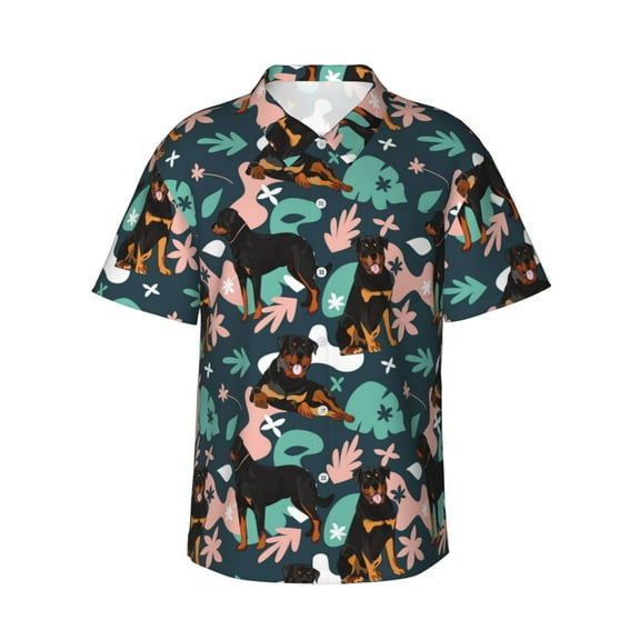Sikiie Rottweiler Print Men's Hawaiian Shirt, Summer Beach Button Pocket Short Sleeve T-Shirt,XX-Large