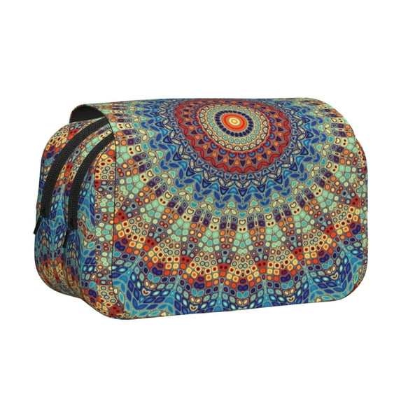 Sikiie Round Mandala Print Flip Double-layer Pencil Case, All-purpose Stationery Bag for Study and Office, Zipper Design, Unisex