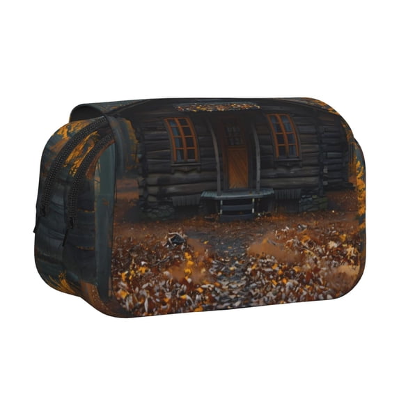 Sikiie Rustic Cabin Autumn Forest Print Flip Double-layer Pencil Case, All-purpose Stationery Bag for Study and Office, Zipper Design, Unisex