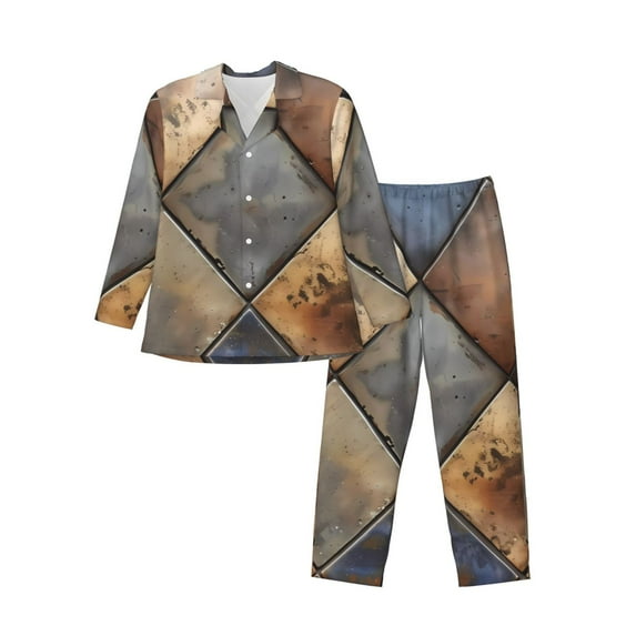 Sikiie Rustic Tile Pattern Mens Pajama Set, Soft Warm Long Sleeve Sleepwear, Cozy Button-Down Pjs for Men-Medium