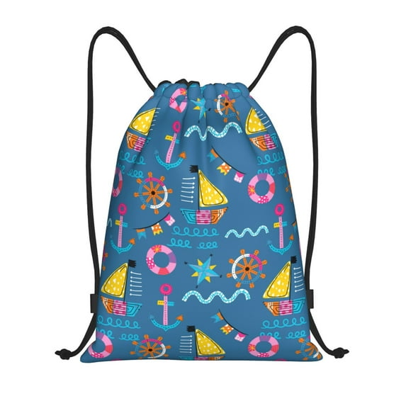 Sikiie Sailboat With Sailing Drawstring Backpack Drawstring Bags, Draw String Back Bag for Sports, Gym, Travel, Swimming, Beach-Medium