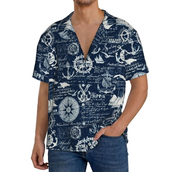 Sikiie Sailing Cruises Nautical Men's Wrinkle Free Untucked Cuban Shirt Business Casual Button Down Shirts Short Sleeve Shirt3X-Large