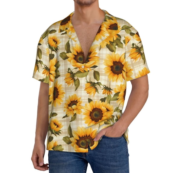 Sikiie Scottish Plaid Sunflower Men's Wrinkle Free Untucked Cuban Shirt Business Casual Button Down Shirts Short Sleeve ShirtSmall