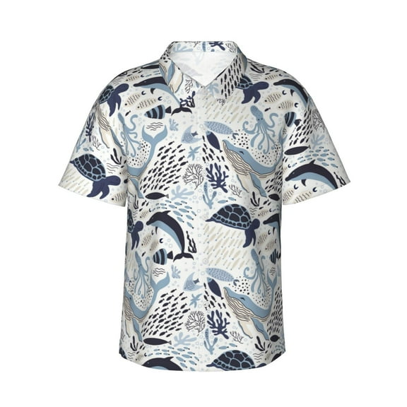 Sikiie Sea Animal Print Men's Hawaiian Shirt, Summer Beach Button Pocket Short Sleeve T-Shirt,XX-Large