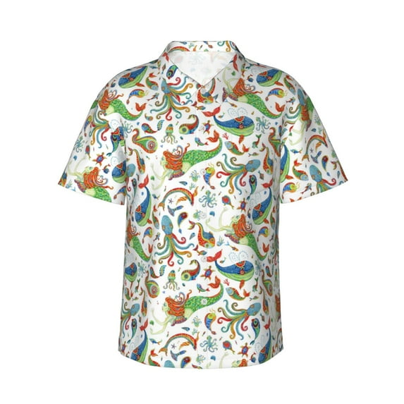 Sikiie Sea Animals 1 Print Men's Hawaiian Shirt, Summer Beach Button Pocket Short Sleeve T-Shirt,Small