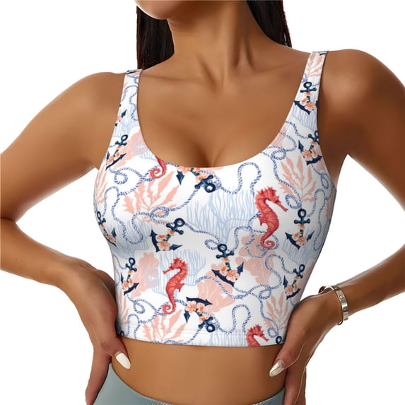 Sikiie Sea Horse And Corals Print Strappy Sports Bra for Women Padded Push Up Sports Bra Athletic Running Sports Bra Workout Bra Yoga Bra