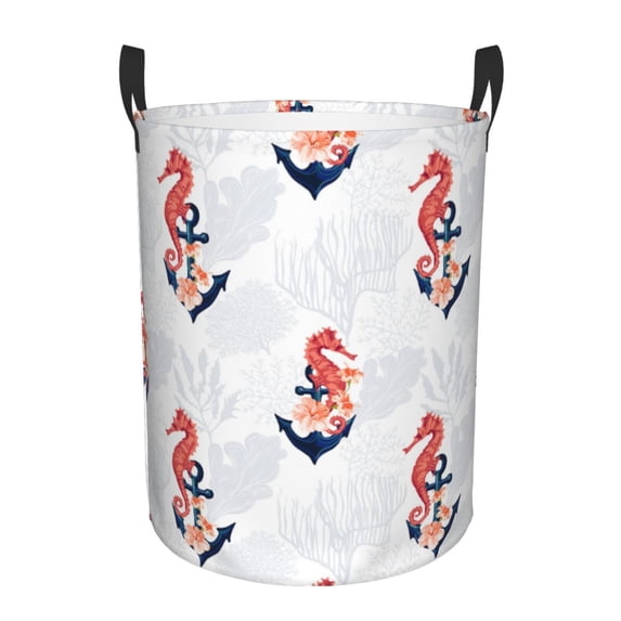Sikiie Sea Horse And Corals1 Print Round Dirty Clothes Basket, Waterproof Standing Foldable Storage Basket, for Laundry Room, Bedroom, Bathroom Storage-Medium