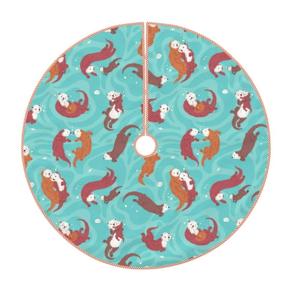 Sikiie Sea Otters Family In Blue Water Nativity Christmas Tree Skirt, Jesus Christian Winter Holiday Tree Mat Decoration(30-48IN)48"