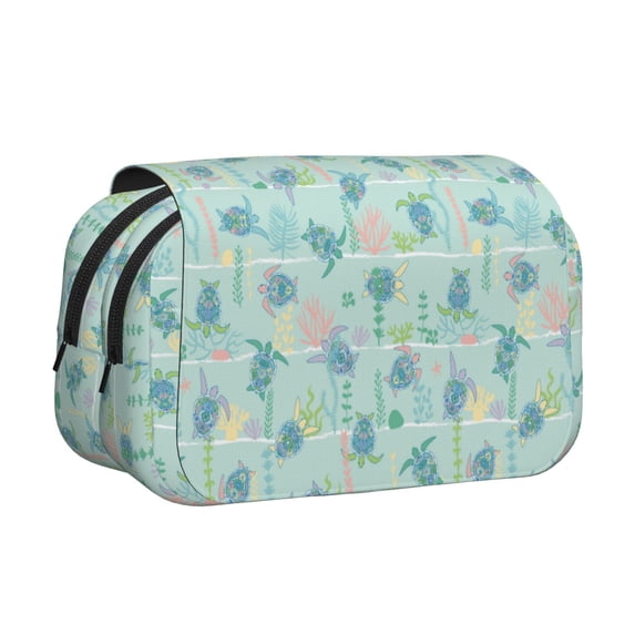 Sikiie Sea Turtle Print Flip Double-layer Pencil Case, All-purpose Stationery Bag for Study and Office, Zipper Design, Unisex