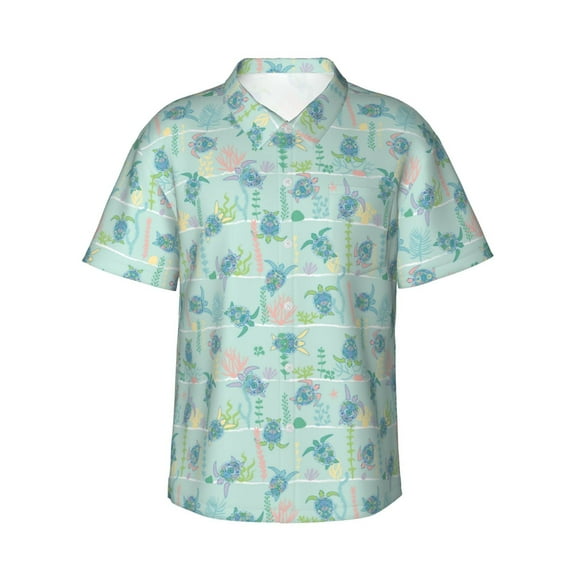 Sikiie Sea Turtle Print Men's Hawaiian Shirt, Summer Beach Button Pocket Short Sleeve T-Shirt,Large