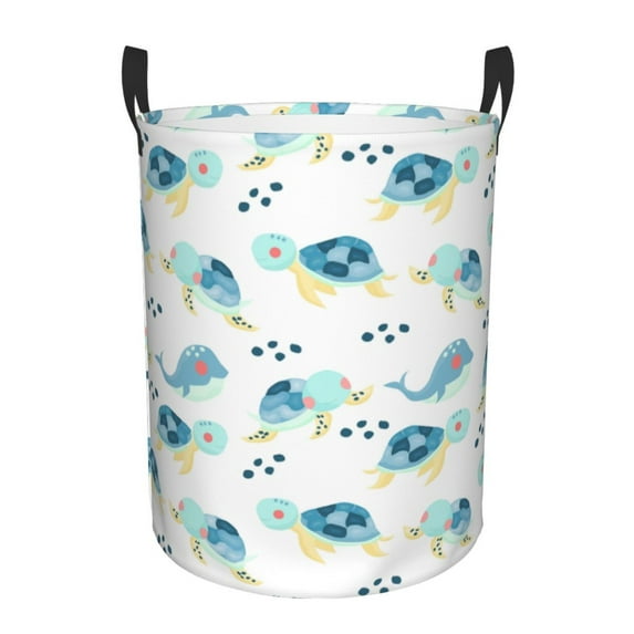 Sikiie Sea Turtle Print Round Dirty Clothes Basket, Waterproof Standing Foldable Storage Basket, for Laundry Room, Bedroom, Bathroom Storage-Medium
