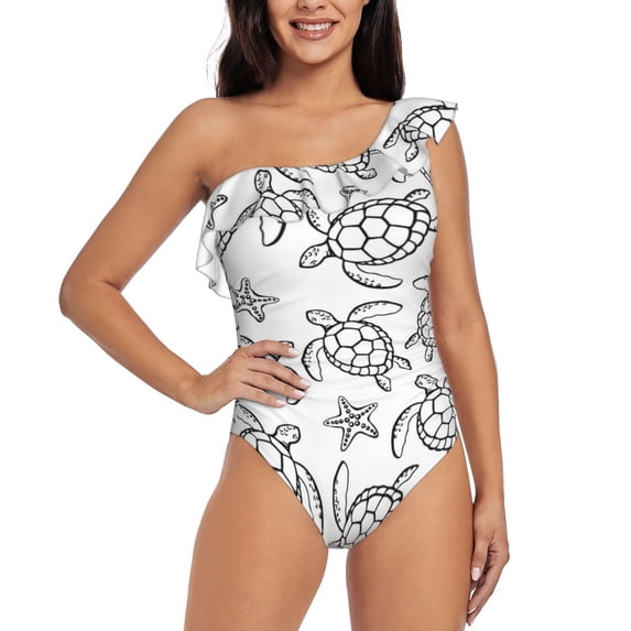Sikiie Sea Turtle Print Women One Piece Swimsuits Tummy Control One Shoulder Bathing Suits Ruffle Swimwear, From S to XXL-Large