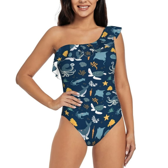 Sikiie Sea Turtle Print Women One Piece Swimsuits Tummy Control One Shoulder Bathing Suits Ruffle Swimwear, From S to XXL-X-Large