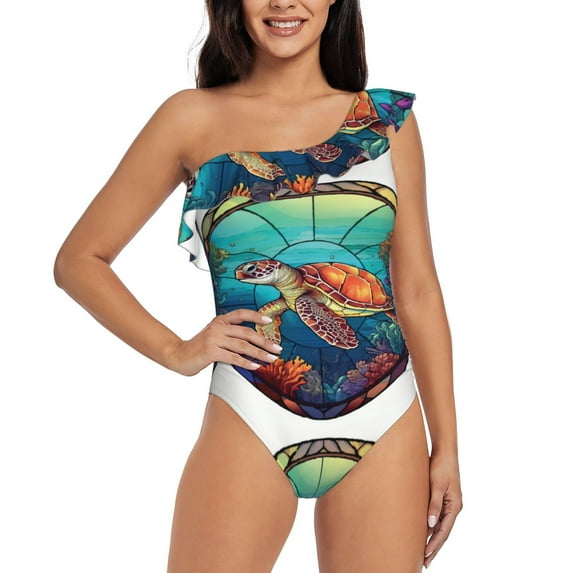 Sikiie Sea Turtle in Coral Print Women One Piece Swimsuits Tummy Control One Shoulder Bathing Suits Ruffle Swimwear, From S to XXL-X-Large