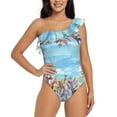 thumbnail image 1 of Sikiie Sea and Fish Print Women One Piece Swimsuits Tummy Control One Shoulder Bathing Suits Ruffle Swimwear, From S to XXL-Large, 1 of 6