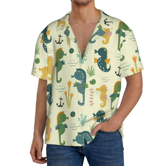 Sikiie Seahorse Men's Wrinkle Free Untucked Cuban Shirt Business Casual Button Down Shirts Short Sleeve Shirt3X-Large