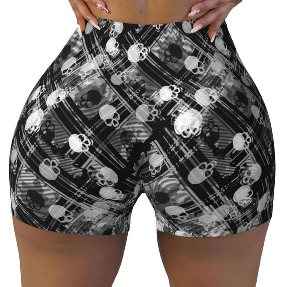 Sikiie Seamless Pattern With Skulls Print Workout Shorts Women Scrunch Butt Gym Shorts Seamless High Waist Tummy Control Yoga Biker Athletic Shorts