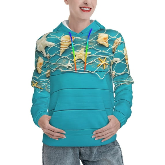 Sikiie Seashells And Fishing Net On Blue Wooden Table Women's Casual Hoodies Long Sleeve Lightweight Pullover Tops Loose Sweatshirt-Large