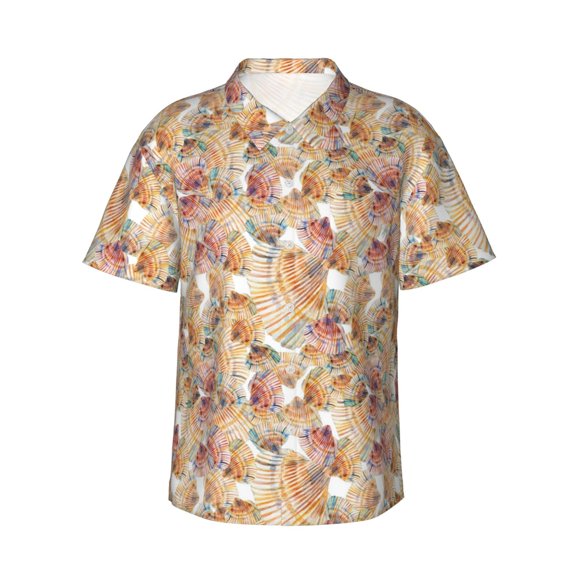 Sikiie Seashells Print Men's Hawaiian Shirt, Summer Beach Button Pocket Short Sleeve T-Shirt,XX-Large