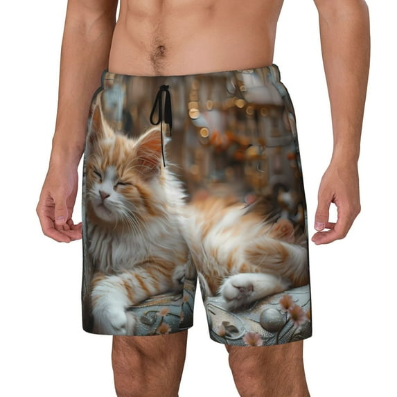 Sikiie Serene Kitten Kingdom Print Men's Double Layer Swimming Trunks, Adjustable Waistband and Pockets Sports Swimming Trunks, Beach Swimwear-Large