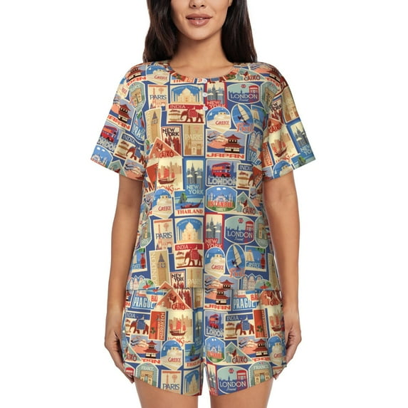 Sikiie Set Of Travel Vintage Womens Pajama Sets Short Sleeve Top With Pants Sleepwear 2 Piece Lounge SetSmall