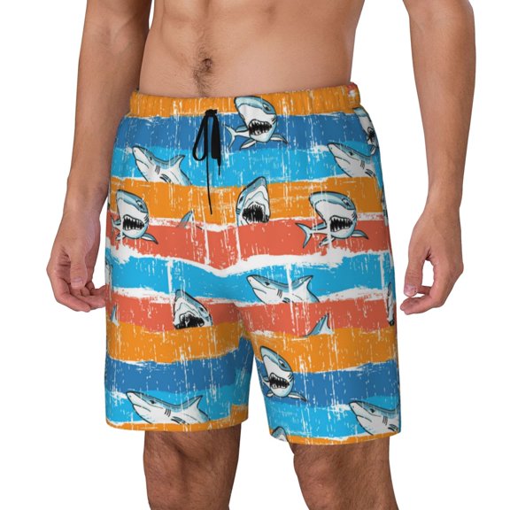 Sikiie Shark On Line Print Men's Double Layer Swimming Trunks, Adjustable Waistband and Pockets Sports Swimming Trunks, Beach Swimwear-XX-Large
