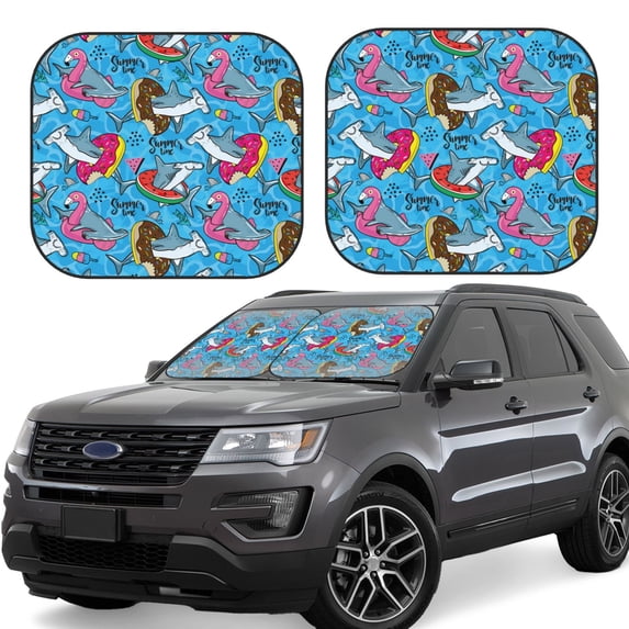 Sikiie Sharks Summer Print Foldable Car Windshield Sun Visor, Car Window Sunshade Suitable for Sedan, SUV and Truck Car Accessories-Small