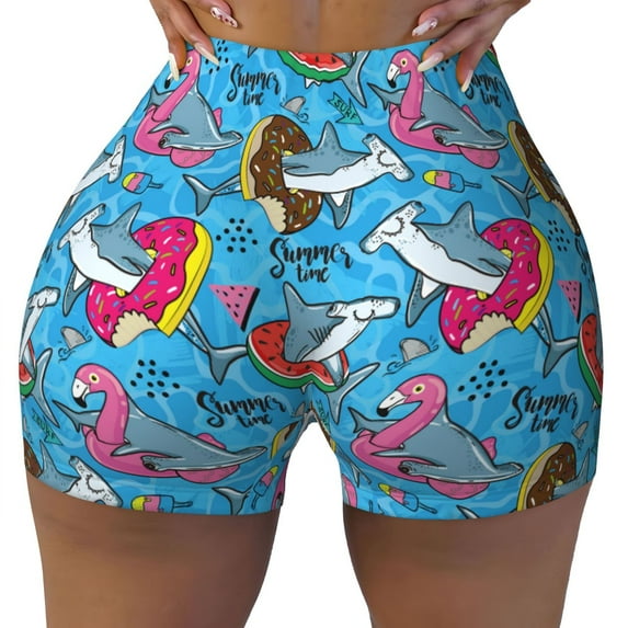 Sikiie Sharks Summer Print Workout Shorts Women Scrunch Butt Gym Shorts Seamless High Waist Tummy Control Yoga Biker Athletic Shorts