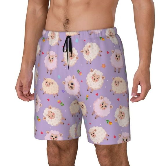 Sikiie Sheeps Print Men's Double Layer Swimming Trunks, Adjustable Waistband and Pockets Sports Swimming Trunks, Beach Swimwear-Medium