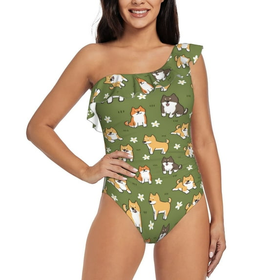 Sikiie Shiba Inu Dog And Flower Print Women One Piece Swimsuits Tummy Control One Shoulder Bathing Suits Ruffle Swimwear, From S to XXL-