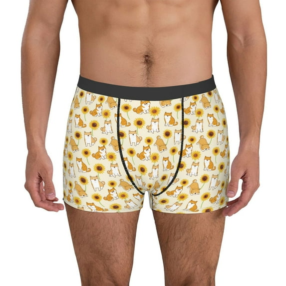 Sikiie Shiba Inu Sunflower Print Men's Boxer Briefs, Elastic Waistband Boxer Briefs Leggings-Small
