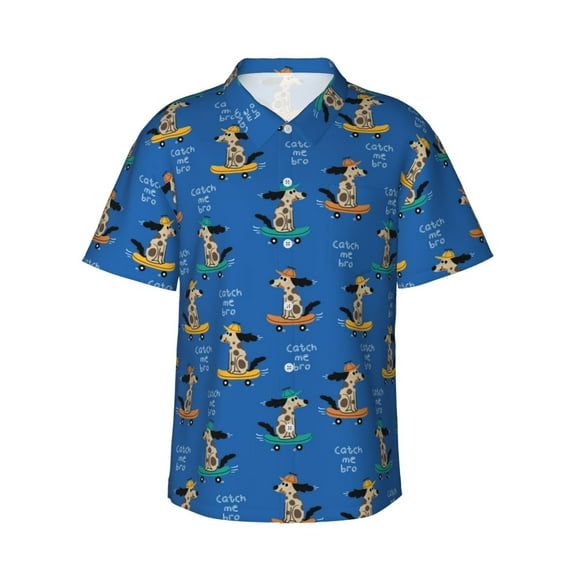 Sikiie Skater Dog Print Men's Hawaiian Shirt, Summer Beach Button Pocket Short Sleeve T-Shirt,3X-Large