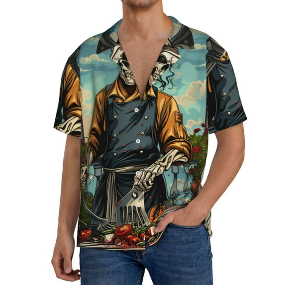 Sikiie Skeleton Chef BBQ Scene Men's Cuban Shirt, Hawaiian Shirts, Business Casual Button Down Shirts, Short Sleeve Shirt-XX-Large