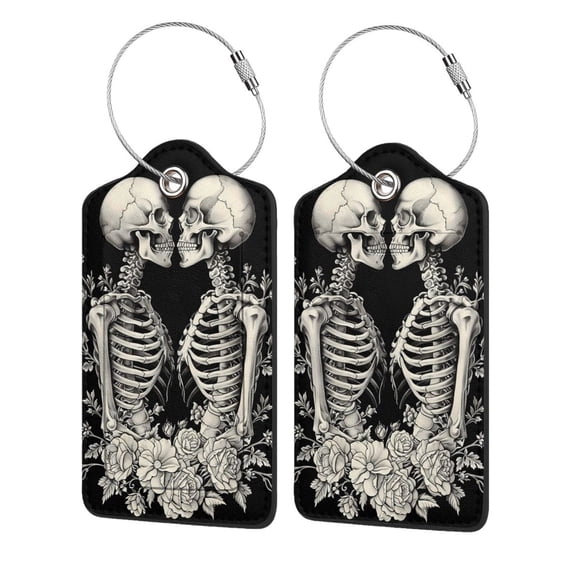 Sikiie Skeletons Love Flowers Luggage Tag for Suitcase Leather Baggage Tag with Stainless Steel Loop Privacy Cover for Women Men Girls-4 PCS