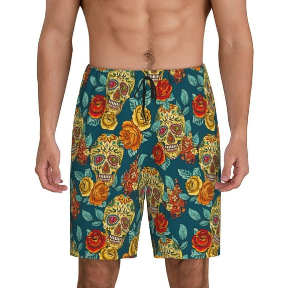 Sikiie Skull And Flowers Mens Pajama Shorts, Lightweight Lounge Pant with Pockets Soft Sleep Pj Shorts for MenX-Large